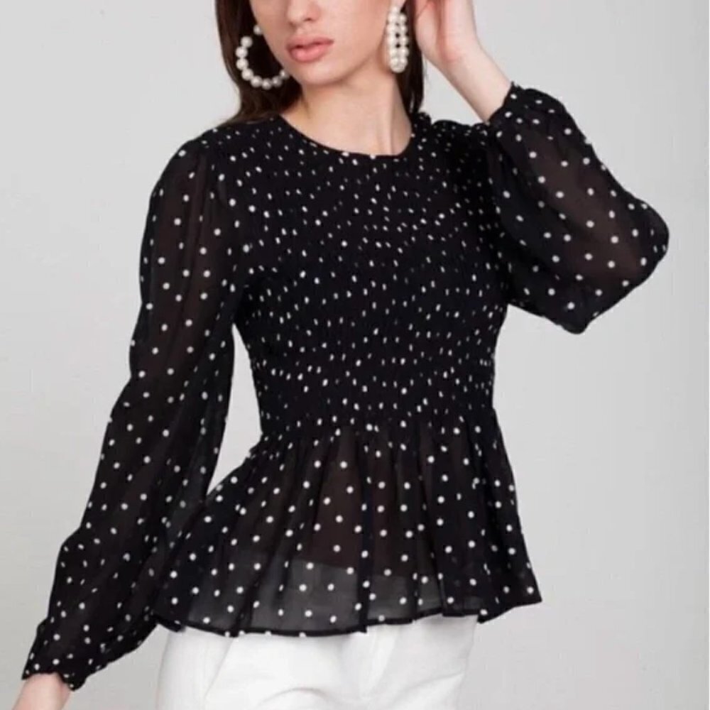Zara Black and White Polka Dot Smocked Peplum Mesh Blouse Women’s Size Small - Picture 3 of 12